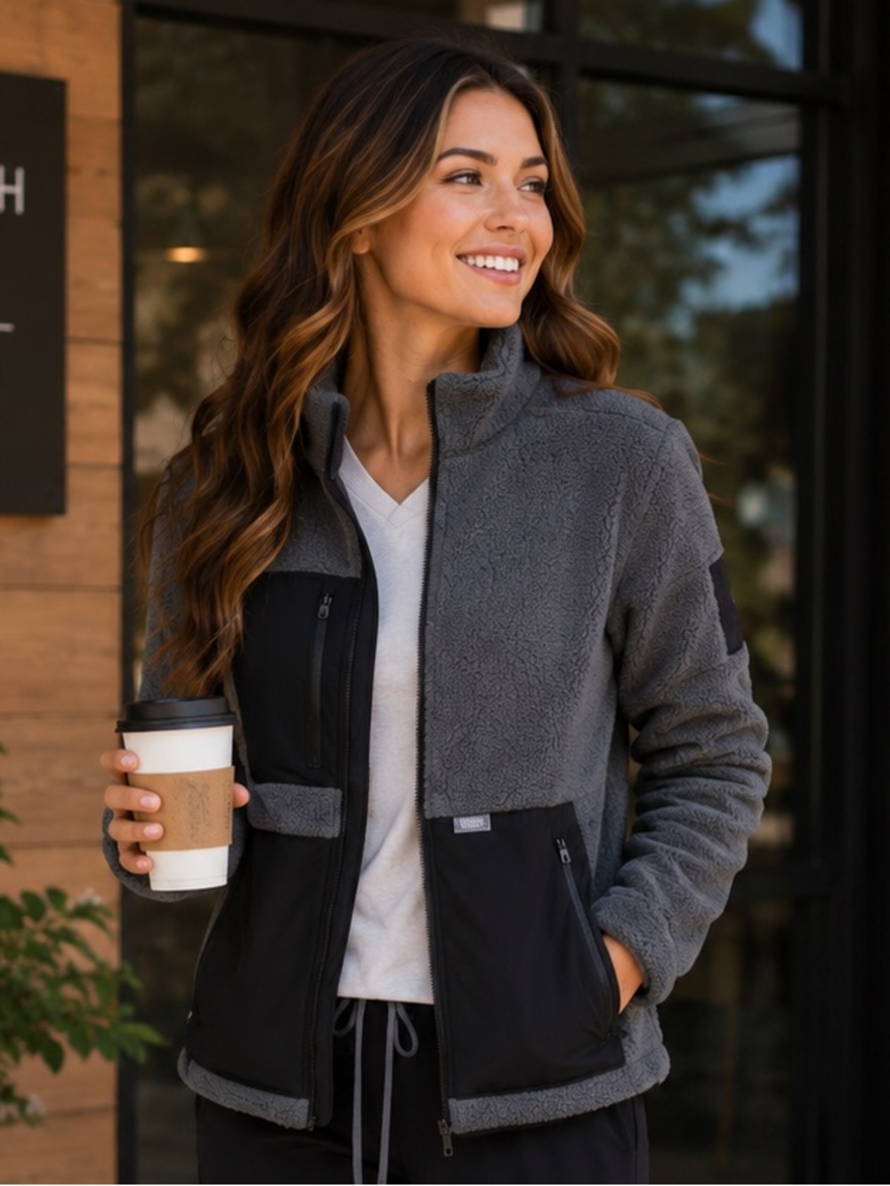 FIGS High-Pile Sherpa Fleece Jacket Gray Black Full Zip Size Medium